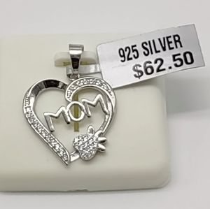 925 Sterling Silver "Mom" CZ Heart Pendant, RJ6250-C53